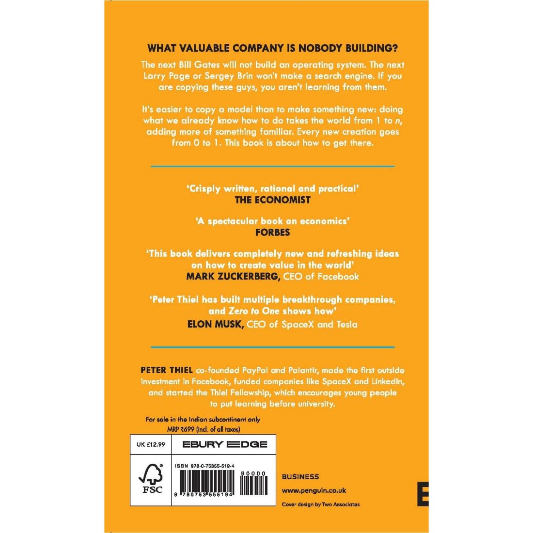 Zero to One by Peter Thiel, back cover